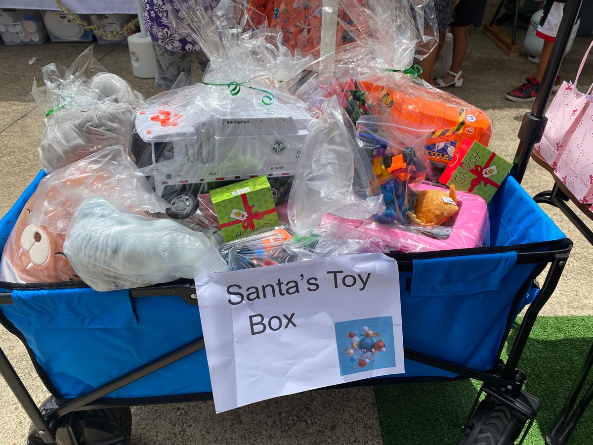 A wagon labelled Santa's Toy Box filled with wrapped toys.